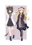  2girls :3 bag black_hair black_legwear blade blonde_hair coat collarbone commentary_request earrings ereshkigal_(fate/grand_order) fate/grand_order fate_(series) hair_ribbon handbag highres hoop_earrings infinity ishtar_(fate/grand_order) jewelry long_coat long_hair looking_at_viewer multiple_girls pantyhose red_eyes ribbed_sweater ribbon siblings sisters skirt smile sweater tiara turtleneck turtleneck_sweater two_side_up yuuzii 