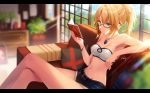  1girl belt blonde_hair book breasts closed_mouth couch denim denim_shorts fate/apocrypha fate_(series) glasses green_eyes indoors jewelry legs_crossed letterboxed medium_breasts midriff mordred_(fate) mordred_(fate)_(all) navel necomi pendant pillow reading red-framed_eyewear semi-rimless_eyewear short_hair shorts signature sitting solo sunlight under-rim_eyewear window 