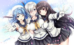  3girls artist_name black_hair black_sailor_collar blue_eyes blue_hair blush breasts double_bun eyebrows_visible_through_hair gloves grey_skirt hair_ornament hair_over_one_eye hairclip hamakaze_(kantai_collection) hat highres isokaze_(kantai_collection) kantai_collection large_breasts long_hair long_sleeves medium_breasts multiple_girls neckerchief omoomomo one_eye_closed open_mouth petals pleated_skirt red_eyes sailor_collar sailor_hat school_uniform serafuku short_hair signature silver_hair skirt sleeveless sleeves_rolled_up smile urakaze_(kantai_collection) white_gloves white_hat yellow_neckwear 