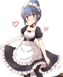  1girl aikawa_ryou alternate_costume black_legwear blue_hair blush closed_mouth commentary_request detached_collar enmaided eyebrows_visible_through_hair frills hair_bun heart highres looking_at_viewer maid maid_headdress pantyhose puffy_short_sleeves puffy_sleeves shima_rin short_sleeves simple_background solo violet_eyes white_background yurucamp 