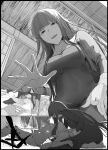 2girls architecture asagami_fujino bangs bikini black_border blunt_bangs blush border breast_smother breasts commentary_request covered_navel dress east_asian_architecture face_to_breasts fate/grand_order fate_(series) from_above from_below fujimaru_ritsuka_(female) greyscale highres kara_no_kyoukai lap_pillow long_dress long_hair long_sleeves looking_at_viewer medium_breasts monochrome multiple_girls o-ring o-ring_bikini open_clothes open_shorts seiza shorts sidelocks sitting smile spot_color striped swimsuit syatey unzipped vertical-striped_bikini vertical_stripes very_long_hair 