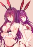  2girls animal_ears armlet bangs bare_shoulders bikini breasts cleavage commentary_request crossed_arms fake_animal_ears fate/grand_order fate_(series) highres medium_breasts multiple_girls navel parted_lips pink_background purple_hair rabbit_ears red_eyes scathach_(fate/grand_order) simple_background swimsuit wrist_cuffs 