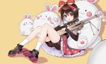  1girl bangs barrett_m99 bike_shorts bow brown_hair detached_sleeves eyebrows_visible_through_hair girls_frontline hair_bow holding holding_weapon looking_at_viewer m99_(girls_frontline) open_mouth rabbit red_bow short_hair shorts_under_skirt sitting socks solo tttanggvl weapon white_legwear yellow_background 