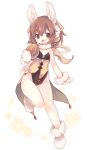  1girl animal_ears bare_shoulders bow brown_eyes brown_hair bunny_girl bunny_tail bunnysuit detached_collar dyute_(fire_emblem) fake_animal_ears fire_emblem fire_emblem_echoes:_mou_hitori_no_eiyuuou fire_emblem_heroes leotard long_hair looking_at_viewer open_mouth ponytail rabbit_ears simple_background smile solo tail teu_(navy) 