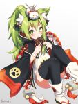  +_+ 1girl :3 animal_ears azur_lane bell black_bow black_legwear blush boots bow cannon cat_ears character_request doughnut food green_eyes green_hair grey_background hair_bow hair_ornament hairband highres holding japanese_clothes jingle_bell long_sleeves looking_at_viewer platform_footwear sandals simple_background sitting smile solo takashiru tassel thigh-highs twitter_username white_footwear wide_sleeves wristband x_x 