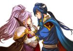  1boy 1girl absurdres armor blue_hair cape celice_(fire_emblem) fire_emblem fire_emblem:_seisen_no_keifu fire_emblem:_thracia_776 fire_emblem_heroes gloves gzei headband highres ishtar_(fire_emblem) long_hair pauldrons ponytail purple_hair simple_background smile white_background 