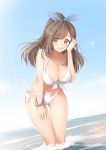  1girl bikini blue_bow bow bracelet breasts brown_eyes brown_hair cleavage cowboy_shot day front-tie_top hair_bow hand_on_own_knee idolmaster idolmaster_shiny_colors jewelry large_breasts leaning_forward looking_at_viewer lowleg lowleg_bikini macchiato_(jae-min_cho) ocean open_mouth outdoors side-tie_bikini soaking_feet solo standing swimsuit tsukioka_kogane water white_bikini 