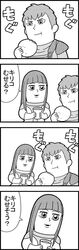  1boy 1girl 4koma bangs bkub blunt_bangs bodysuit chirico_cuvie comic cup eating fiana food greyscale highres holding holding_cup holding_food ip_police_tsuduki_chan leaning_over lipstick long_hair makeup monochrome short_hair simple_background smile soukou_kihei_votoms speech_bubble talking translation_request white_background 