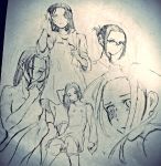  1girl artist_request bare_shoulders collage darling_in_the_franxx glasses hair_up ikuno_(darling_in_the_franxx) long_hair monochrome sketch tears towel traditional_media wet 
