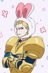  1boy animal_ears armor blonde_hair clenched_teeth commentary_request crossed_arms earrings fate/stay_night fate_(series) gauntlets gilgamesh jewelry lock_earrings male_focus mi_(pic52pic) pauldrons rabbit_ears red_eyes solo teeth upper_body 