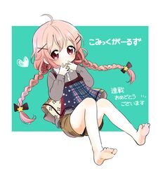  1girl akakokko barefoot braid comic_girls copyright_name hair_ornament heart long_hair moeta_kaoruko pink_hair solo x_hair_ornament 