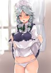  1girl asuzemu blue_dress blue_eyes blush bow braid breasts commentary_request cowboy_shot curtains dress dress_lift green_bow green_neckwear green_ribbon groin hair_bow indoors izayoi_sakuya lifted_by_self looking_at_viewer maid maid_headdress medium_breasts neck_ribbon open_mouth panties petticoat puffy_short_sleeves puffy_sleeves ribbon shirt short_sleeves silver_hair solo standing touhou twin_braids underwear white_panties white_shirt window wing_collar 