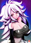  1girl android_21 blue_eyes blush breasts cleavage covered_nipples cowboy_shot dragon_ball dragon_ball_fighterz earrings elbow_gloves full-face_blush gloves heart heart-shaped_pupils jewelry large_breasts long_hair looking_at_viewer majin_android_21 mitgard navel patreon pink_skin pointy_ears shirt sidelocks solo symbol-shaped_pupils 