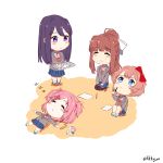  4girls :&lt; ^_^ artist_name blue_eyes blush_stickers book bow brown_hair chibi closed_eyes commentary cup doki_doki_literature_club english_commentary eyebrows_visible_through_hair fikkyun hair_bow hair_ornament hair_ribbon hairclip highres long_hair looking_up lying monika_(doki_doki_literature_club) multiple_girls natsuki_(doki_doki_literature_club) on_back paper pen pink_hair ponytail purple_hair red_bow ribbon sayori_(doki_doki_literature_club) school_uniform seiza short_hair simple_background sitting sleeping thinking tray twitter_username two_side_up very_long_hair violet_eyes white_ribbon yuri_(doki_doki_literature_club) zzz 
