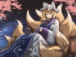  1girl animal_ears asutora blonde_hair cherry_blossoms closed_mouth commentary_request fox_ears fox_tail hands_in_sleeves hat long_sleeves looking_at_viewer pillow_hat shirt sitting skirt smile solo tabard tail touhou white_shirt white_skirt wide_sleeves yakumo_ran 
