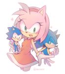 1boy 1girl amy_rose dress fang gloves green_eyes hairband hedgehog holding_stuffed_toy looking_at_viewer no_humans red_dress red_hairband rento_(rukeai) sideways_mouth sleeveless sleeveless_dress smile sonic sonic_the_hedgehog star white_gloves 