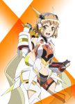  1girl :d absurdres bare_shoulders bodysuit boots breasts brown_hair clenched_hands commentary_request headgear highres looking_at_viewer medium_breasts miyabi_mt-b navel_cutout open_mouth senki_zesshou_symphogear short_hair smile solo tachibana_hibiki_(symphogear) thigh-highs thigh_boots 