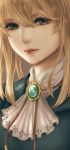  1girl blonde_hair blue_eyes blue_jacket brooch commentary_request face hair_intakes highres jacket jewelry neckerchief tomin_illbok violet_evergarden violet_evergarden_(character) white_neckwear 
