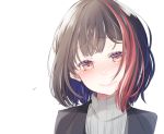  1girl bang_dream! bangs black_hair black_jacket blush eyebrows_visible_through_hair grey_sweater jacket looking_at_viewer mitake_ran multicolored_hair nekotemari nose_blush redhead ribbed_sweater short_hair simple_background smile solo streaked_hair sweater turtleneck turtleneck_sweater upper_body violet_eyes white_background 