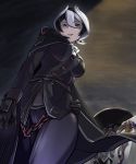  1girl black_eyes black_hair breasts cape chains from_below gloves hair_between_eyes hand_on_hip highres looking_at_viewer made_in_abyss medium_breasts mikiji multicolored_hair ozen short_hair smirk solo thighs whistle white_hair 