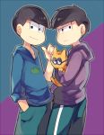  2boys black_hair blue_background blue_eyes blue_hoodie cat esper_nyanko glasses hand_in_pocket holding holding_cat looking_at_viewer matsuno_ichimatsu matsuno_karamatsu multicolored multicolored_background multiple_boys osomatsu-san pants pointing pointing_at_self purple_background purple_hoodie rento_(rukeai) smile violet_eyes 