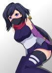  1girl ayame_(gundam_build_divers) bangs bare_shoulders bdsm black_hair black_legwear blush bondage boots bound bound_arms breasts covering_mouth elbow_gloves face_mask frown gloves gundam gundam_build_divers hair_ornament iseshi9167 japanese_clothes long_hair looking_at_viewer low_ponytail lying mask medium_breasts ninja nose_blush on_side ponytail purple_gloves red_scarf sash scarf solo thigh-highs thigh_boots thighhighs_under_boots violet_eyes 