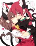  2girls @_@ animal_ears asymmetrical_docking black_bow black_dress blush bow bowtie braid breast_press breasts brown_hair cat_ears cat_girl cat_tail chen chinese_clothes closed_eyes closed_mouth commentary_request dress extra_ears face_licking facing_another hair_bow heart heart_tail highres holding_head hug kaenbyou_rin licking lolimate long_hair long_sleeves looking_at_viewer medium_breasts multiple_girls multiple_tails no_hat no_headwear red_eyes red_skirt red_vest redhead shirt short_hair simple_background skirt small_breasts spoken_heart tail touhou translation_request twin_braids twintails two_tails vest wavy_mouth white_background white_shirt yellow_neckwear yuri 