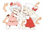 2girls asutora blonde_hair blue_hair chibi commentary_request eye_contact flandre_scarlet food half-closed_eye hat hat_ornament holding legs_apart looking_at_another mob_cap multiple_girls one_side_up pink_shirt pink_skirt pleated_skirt pocky pocky_day red_eyes red_skirt remilia_scarlet shirt short_hair simple_background skirt standing sweatdrop touhou trembling white_background 