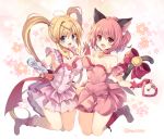  2girls animal_ears bare_shoulders blonde_hair blue_eyes bow cat_ears cat_tail choker commentary crossover dress fang gloves hair_intakes hand_holding holding holding_wand jumping looking_at_viewer magical_girl mermaid_melody_pichi_pichi_pitch mew_ichigo momomiya_ichigo multiple_girls nanami_lucia open_mouth pink_bow pink_dress pink_eyes pink_footwear pink_gloves pink_hair pointing pointing_at_viewer red_bow red_gloves rento_(rukeai) short_hair smile tail tokyo_mew_mew twintails wand 