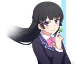  1girl black_hair black_jacket blue_eyes blush bow bowtie braid brown_vest clover collared_shirt commentary_request eyebrows_visible_through_hair floating_hair four-leaf_clover french_braid hair_ornament hairclip hand_up jacket long_hair long_sleeves looking_at_viewer nijisanji oyaji-sou pink_neckwear shirt signature smile solo tsukino_mito upper_body vest white_shirt wing_collar 