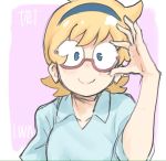  1girl adjusting_eyewear blonde_hair blue_eyes blue_hairband blue_shirt closed_mouth collarbone collared_shirt copyright_name freckles hairband hand_up little_witch_academia looking_at_viewer lotte_jansson red-framed_eyewear semi-rimless_eyewear shirt short_hair short_sleeves smile solo sou_(pale_1080) under-rim_eyewear upper_body 