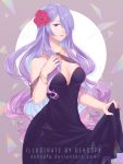  1girl alternate_costume bare_shoulders bracelet breasts camilla_(fire_emblem_if) cleavage deh_sofa dress fire_emblem fire_emblem_heroes fire_emblem_if flower formal hair_flower hair_ornament hair_over_one_eye hand_on_own_chest highres holding_skirt jewelry large_breasts lips long_hair multicolored_hair nail_polish necklace pink_lips purple_dress purple_hair purple_nails sleeveless strapless violet_eyes wavy_hair 