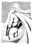  1boy asutora bald bodysuit cape closed_mouth commentary costume from_behind gloves greyscale highres male_focus monochrome one-punch_man saitama_(one-punch_man) solo standing 