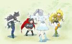  black_hair blake_belladonna blonde_hair bow cape fang gradient_hair grey_eyes hair_bow iesupa jurassic_world long_hair meme multicolored_hair multiple_girls open_mouth outstretched_arms parody ponytail red_cape redhead ruby_rose rwby short_hair side_ponytail simple_background skirt two-tone_hair violet_eyes weiss_schnee white_hair yang_xiao_long yellow_eyes 