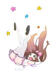  1girl :o a.i._channel absurdres bangs blush boots brown_hair detached_sleeves falling floating_hair green_eyes hair_ribbon highres kizuna_ai kurihara_sakura long_hair long_sleeves open_mouth pink_ribbon ribbon shirt shoe_soles short_shorts shorts simple_background sleeveless sleeveless_shirt solo star thigh-highs thigh_boots upper_teeth very_long_hair virtual_youtuber white_background white_footwear white_legwear white_shirt white_shorts 