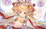  1girl :o bare_shoulders beltbra big_hair blonde_hair character_request commentary dated detached_sleeves english_commentary granblue_fantasy hair_bobbles hair_ornament hands_up holy_pumpkin long_hair long_sleeves looking_at_viewer parted_lips red_eyes signature solo tassel 