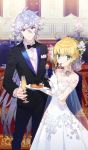  1boy 1girl ahoge alcohol artoria_pendragon_(all) avalon_celebrate banner blonde_hair blush bow bowtie braided_bun breasts cape carpet champagne champagne_flute cleavage cup dress drinking_glass eating fate/grand_order fate_(series) flower food fork gloves green_eyes hair_flower hair_ornament hair_ribbon jewelry lavender_hair long_hair looking_at_viewer medium_breasts merlin_(fate/stay_night) necklace noco official_art pie plate ribbon saber see-through strapless strapless_dress table tuxedo violet_eyes wedding_dress white_dress white_gloves 