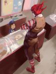  1boy 1girl asutora brown_hair brown_pants brown_vest commentary_request crossed_arms dio_brando hat highres indoors jojo_pose mcdonald&#039;s muscle open_mouth pants pose red_footwear redhead ronald_mcdonald scared shoes standing striped striped_legwear tearing_up vest wide-eyed yellow_eyes 