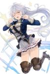  1girl belt between_breasts blush boots braid granblue_fantasy high_heel_boots high_heels jumping long_hair one_eye_closed open_mouth pointing pointing_at_self sabanobori silva_(granblue_fantasy) silver_hair skirt solo thigh-highs thigh_boots uniform yellow_eyes 