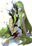  1boy androgynous arm_support enkidu_(fate/strange_fake) fate/strange_fake fate_(series) green_hair long_hair male_focus nigorokke nude simple_background sitting smile solo tattoo white_background 