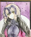  1girl ahoge armor black_cape blonde_hair breasts cape closed_mouth fate/grand_order fate_(series) fur_trim gorget head_tilt headpiece jeanne_d&#039;arc_(alter)_(fate) jeanne_d&#039;arc_(fate)_(all) large_breasts looking_at_viewer photo short_hair solo tanaji torn_cape traditional_media underbust upper_body yellow_eyes 