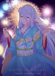  1girl aqua_(fire_emblem_if) bangs blue_hair closed_eyes deh_sofa festival fire_emblem fire_emblem_if fireworks floral_print flower hair_between_eyes hair_flower hair_ornament highres japanese_clothes kimono long_hair long_sleeves new_year night night_sky obi outdoors sash senkou_hanabi sky smile solo sparkler veil wide_sleeves yukata 