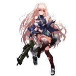  1girl artist_request blush breasts bullpup cleavage full_body girls_frontline gun gun_case large_breasts long_hair looking_at_viewer official_art rifle side_ponytail silver_hair skirt sm-1 sm-1_(girls_frontline) thigh-highs thigh_strap torn_clothes transparent_background weapon 