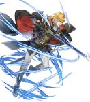  1boy aless_(fire_emblem) angry attack bared_teeth black_cape black_capelet black_coat black_footwear blonde_hair boots cape capelet coat collar cravat energy fire_emblem fire_emblem:_seisen_no_keifu fire_emblem_heroes highres holding holding_sword holding_weapon lips looking_to_the_side male_focus medium_hair mystletainn official_art open_mouth p-nekor pants scowl serious sheath shoulder_pads sidelocks solo sword teeth weapon white_pants yellow_eyes 