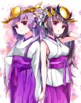  2girls :o bangs blush breasts brown_hair closed_mouth commentary_request eyebrows_visible_through_hair flower hair_flower hair_ornament hakama hand_in_hair headpiece highres japanese_clothes kimono long_hair long_sleeves medium_breasts multiple_girls obi parted_lips pikomarie ponytail purple_hair purple_hakama puzzle_&amp;_dragons sash short_kimono sleeveless sleeveless_kimono sleeves_past_fingers sleeves_past_wrists twintails very_long_hair violet_eyes white_background white_flower white_kimono wide_sleeves yomi_(p&amp;d) 