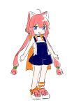  1girl :d ahoge alternate_costume animal_ears bangs bare_arms bare_shoulders black_choker blue_eyes blush_stickers bow cat_ears choker crop_top eyebrows_visible_through_hair full_body hair_between_eyes hair_bobbles hair_ornament hinata_channel kurihara_sakura long_hair looking_at_viewer loose_socks low_twintails nekomiya_hinata open_mouth overall_shorts overalls pink_bow pink_hair shoes simple_background smile socks solo standing striped striped_legwear twintails very_long_hair virtual_youtuber white_background white_footwear 