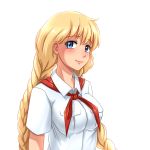  1girl blonde_hair blue_eyes braid commentary english_commentary everlasting_summer eyebrows_visible_through_hair huyase long_hair looking_at_viewer shirt simple_background slavya-chan smile solo twin_braids upper_body white_background white_shirt 