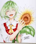  1girl :d ascot asutora closed_eyes collared_shirt commentary_request eyebrows_visible_through_hair facing_viewer flower green_hair hands_up holding holding_flower kazami_yuuka open_mouth photo red_vest shirt short_hair smile solo sunflower touhou traditional_media upper_body vest white_shirt wing_collar yellow_neckwear 