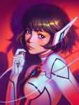  1girl bangs black_eyes bodysuit breasts bright_pupils cable closed_mouth commentary copyright_request drop_shadow english_commentary highres ilya_kuvshinov light_smile lips looking_at_viewer red_background robot_ears solo upper_body white_bodysuit 