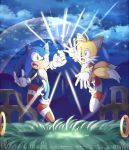  2boys blue_eyes fox gloves green_eyes hedgehog jewelry jumping light_particles light_rays motion_lines multiple_boys multiple_tails night night_sky red_footwear rento_(rukeai) ring sideways_mouth sky smile sonic sonic_the_hedgehog tail tails_(sonic) white_gloves 